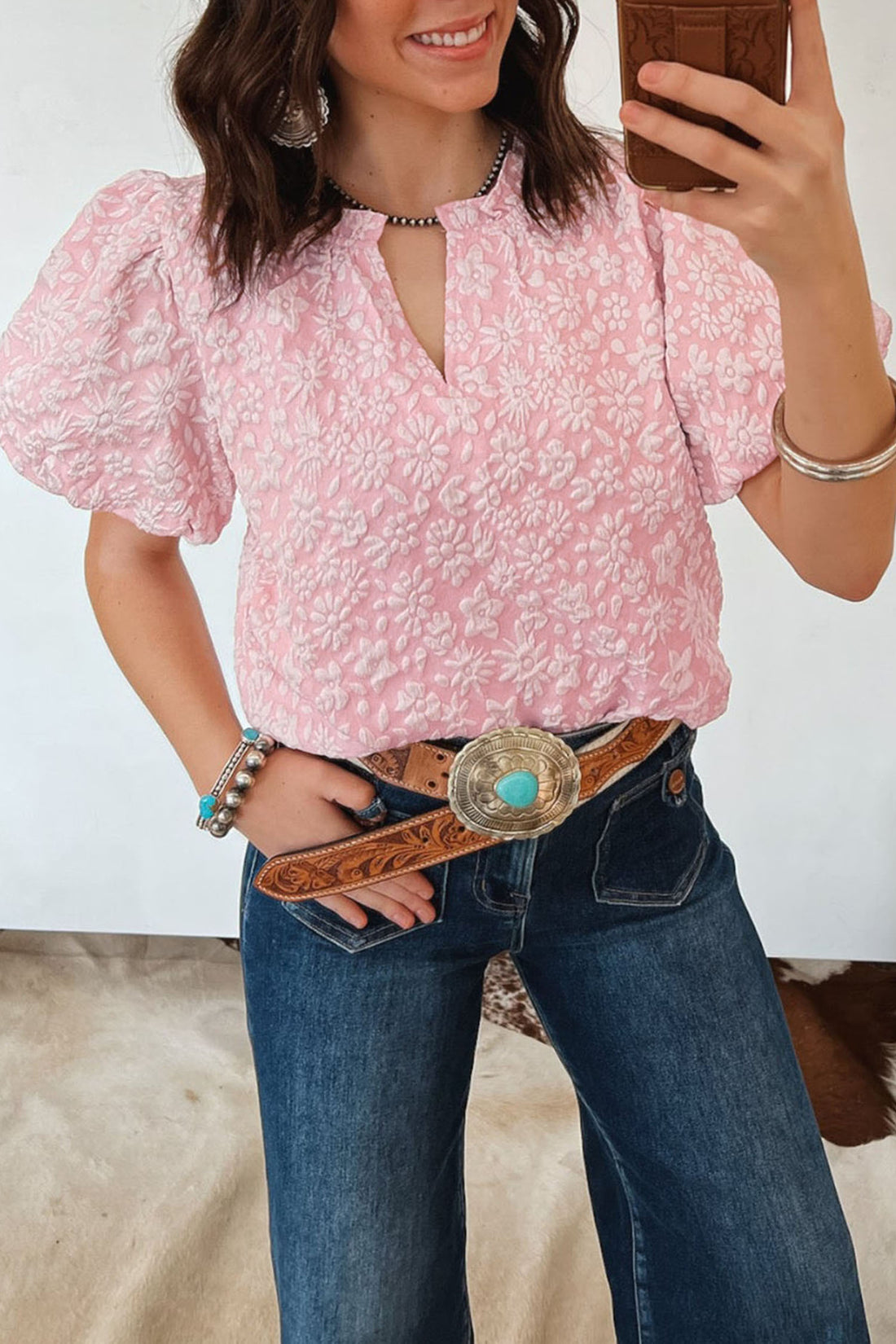 Apricot Pink Floral Textured Jacquard Puff Sleeve Blouse